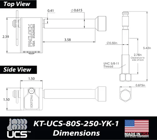Vista 4 de PACLOCK 's KT-UCS-80S-250-YK-1 Combo de bloqueo de enganche, compre American Act obediente, acero inoxidable, cilindro de 6 pines de alta seguridad