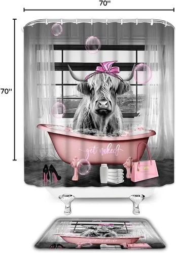 Vista 5 de Juego de 2 cortinas de ducha para baño, diseño de vaca de las tierras altas, color rosa, divertido y lindo animal para tina, bolsa de tacón alto