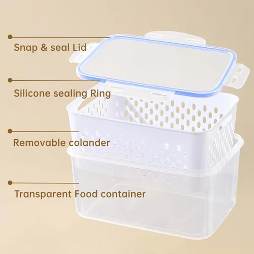 Vista 3 de Juego de 3 recipientes de almacenamiento de frutas para refrigerador con colador extraíble, tapa con colador, verduras y frutas, plástico sin BPA
