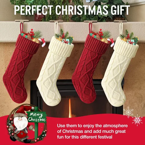 Vista 2 de Hommtina Medias de Navidad, medias de Navidad personalizadas de 18 pulgadas, de gran tamaño, punto trenzado, regalos (4 unidades, blanco y rojo)