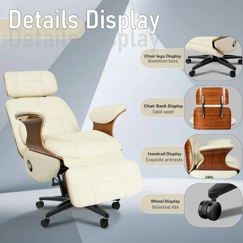 Vista 6 de Silla de oficina ergonómica de cuero, reclinable/reposapiés Blanco