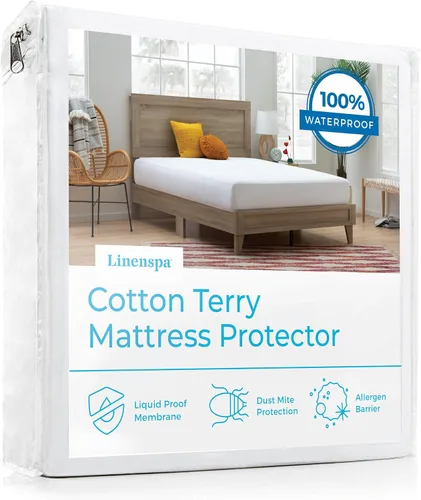 Vista 6 de Linenspa - Protector de colchón impermeable, sin vinilo, tamaño matrimonial, superficie de rizo de algodón