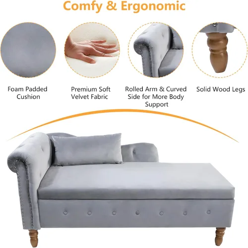 Vista 3 de Aoowow Banco de almacenamiento de terciopelo para dormitorio, extremo de la cama, sofá con brazo enrollado, tumbona para interiores con Gris 58