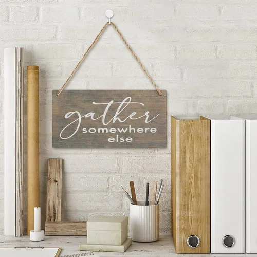Vista 2 de Placa de madera con texto en inglés "Gather Somewhere Else", decoración de estante de cocina, letreros de madera, placa colgante rústica, decoración