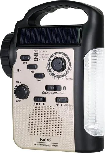 Vista 2 de Kaito KA340 Linterna solar de campamento LED recargable con manivela de dinamo para emergencia AM/FM/SW NOAA Radio solar con Bluetooth, linterna