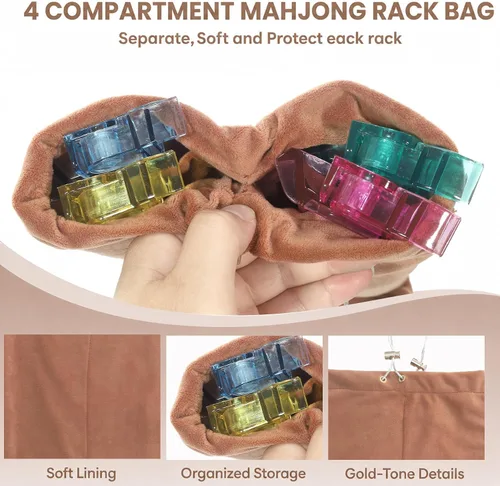 Vista 3 de Mahjong - Bolsa de terciopelo con 4 compartimentos protectores individuales marrón camello
