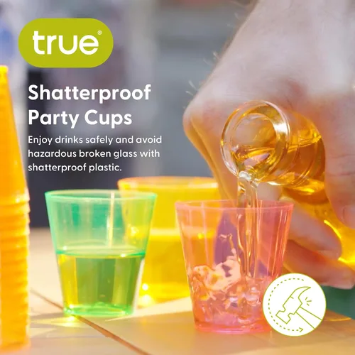 Vista 5 de True Vasos de chupito de plástico multicolor neón para fiestas, vasos desechables para beber al aire libre, colores surtidos, 2 onzas, juego de 60
