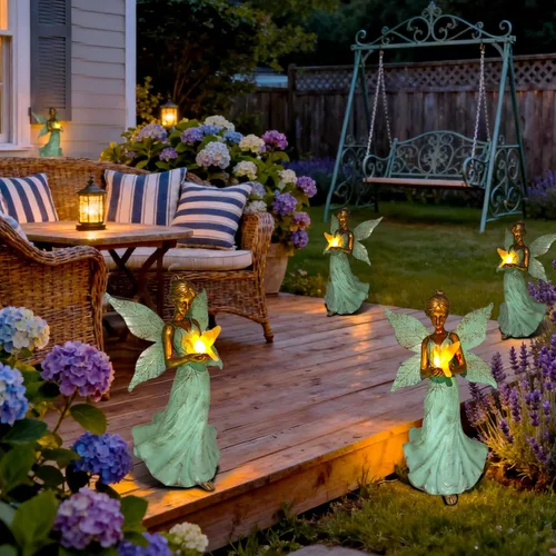 Vista 9 de Decoración solar de estatua de jardín de hadas, figura de resina de ángel de 10 pulgadas, impermeable, decoración del hogar con luces LED de colibrí