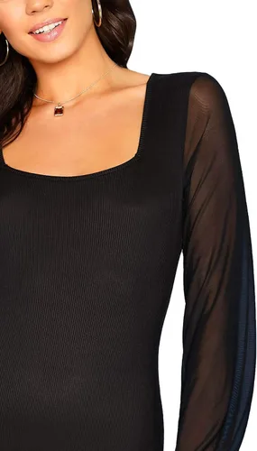 Vista 5 de Romwe Elegante body de punto acanalado de malla con cuello cuadrado para mujer