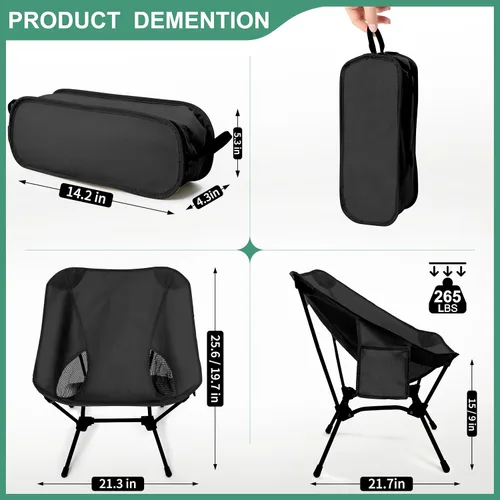 Vista 3 de Sillas de camping ligeras con altura ajustable, sillas de camping portátiles para adultos con bolsa de transporte y bolsillos laterales, sillas