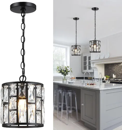 Vista 15 de MEXO Lámpara colgante de cristal moderna de 2 piezas con acabado mate negro, iluminación colgante, candelabro de cristal para sala de estar, cocina