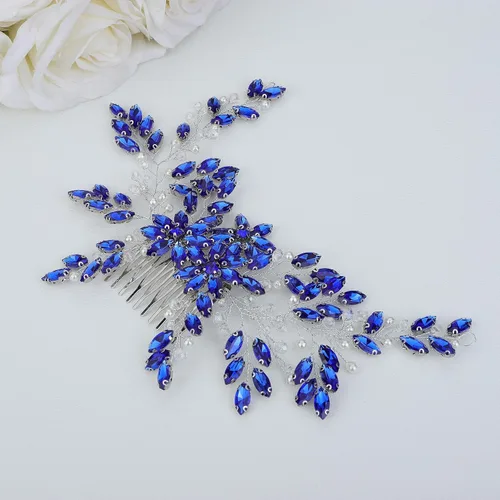 Vista 3 de Peine para el pelo, para mujer, hecho a mano, con diamantes de imitación azules, para boda, boda, fiesta, regalo del día de la madre