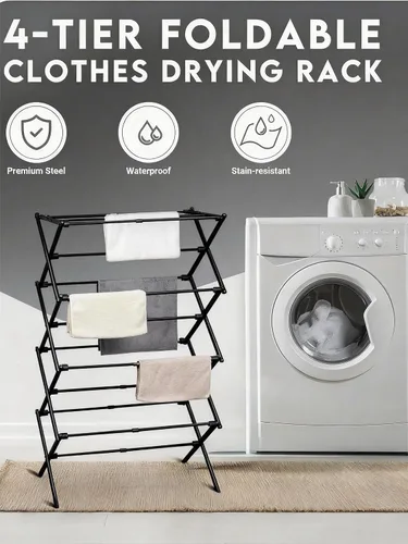 Vista 2 de ZOES HOMEWARE Tendedero de ropa de 4 niveles, 4 pies de alto plegable para secar ropa para interiores y exteriores, tendedero de ropa portátil Negro