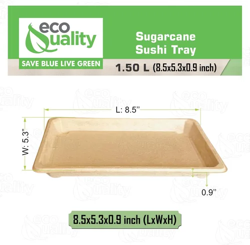 Vista 3 de Bandejas de sushi compostables XL - Contenedor de sushi para llevar bagazo de caña de azúcar natural - Biodegradable, plato de sushi desechable