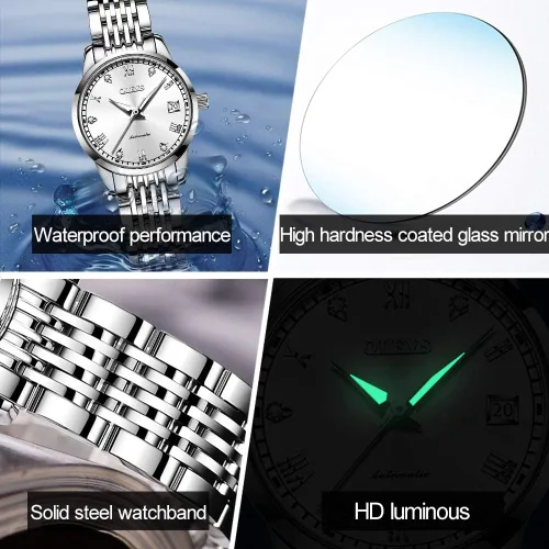 Vista 5 de OLEVS Relojes automáticos para mujer, de acero inoxidable, con diamantes mecánicos, luminosos, impermeables, para mujer