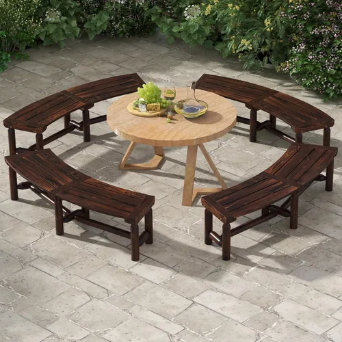 Vista 11 de Tangkula Banco de patio curvo, banco de comedor de madera carbonizada, asiento espacioso y con listones, carga máxima de 710 LBS, banco de 2 plazas
