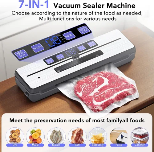 Vista 2 de Sellador al vacío para alimentos, máquina selladora al vacío multifuncional 7 en 1, sellador de alimentos con modos seco/húmedo y temporizador