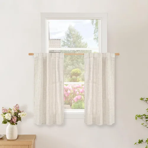 Vista 134 de BGment Cortinas cortas de lino marrón de 36 pulgadas de largo para ventanas, pequeñas cortinas de gasa semitransparentes para cocina, cafetería
