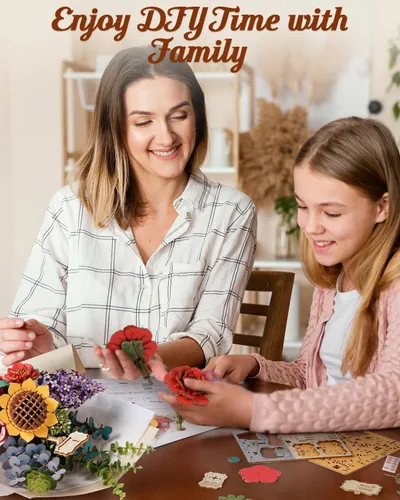 Vista 3 de Rowood Rompecabezas 3D para adultos, juego de construcción de ramo de flores de madera, colección botánica de flores artificiales, día de la madre