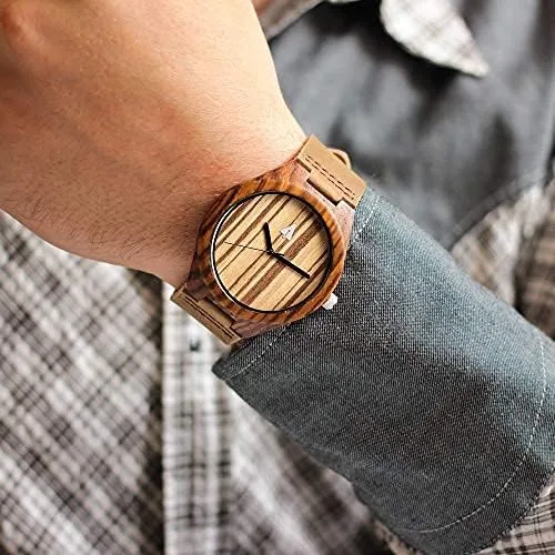 Vista 3 de Treehut - Reloj de pulsera para hombre de cuarzo de madera con correa de cuero de calidad superior