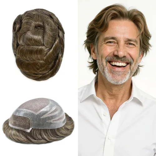 Vista 28 de Toupee - Piezas de pelo para hombres, cabello humano real, sistema de reemplazo de cabello francés, encaje francés, extensiones de cabello