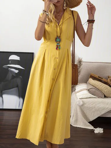 Vista 3 de Vestido largo de verano para mujer, sin mangas, con botones, casual, de algodón, lino, con solapa, cuello en V, acampanado, maxivestido