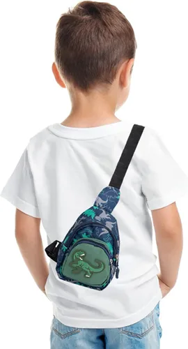 Vista 7 de Bolso bandolera para niños pequeños de dibujos animados de dinosaurios, bolso de hombro, monedero, mochila de cintura de nailon para niños de 1 a 5