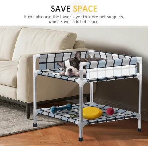 Vista 3 de Litera para Perros con Ventana de Cabecera - Cama Doble Elevada para Perros y Humanos con Barandilla de 2 Capas, Percha de Ventana para Perros, Cuna