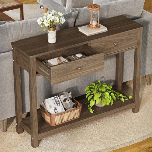 Vista 9 de Gizoon - Mesa de consola con 2 cajones, mesa de entrada de 2 niveles de madera con estantes de almacenamiento, mesa de sofá de 39" de ancho