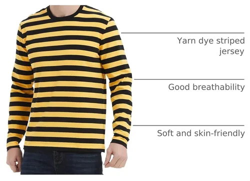 Vista 4 de Casual Black White Striped T-Shirt Mens Long Sleeve Cotton Spandex Crewneck Manga larga (negro y amarillo)