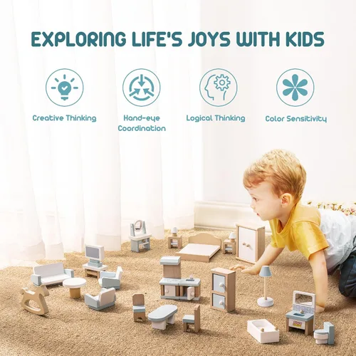 Vista 4 de ROBOTIME Muebles para Casa de Muñecas, Juego de Muebles de Madera para Casa de Muñecas, Set de 23 Piezas de Accesorios y Muebles para Casa
