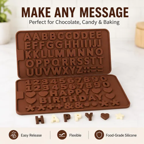 Vista 2 de Mini moldes de silicona para letras y números, paquete de 2 moldes de chocolate con letras A-Z, números del 0 a 9 y feliz cumpleaños, pequeños