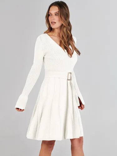 Vista 4 de ANRABESS Vestido tipo suéter de manga larga con cuello en V y lazo en la cintura, plisado, acampanado, elegante, de punto acanalado, vestido midi