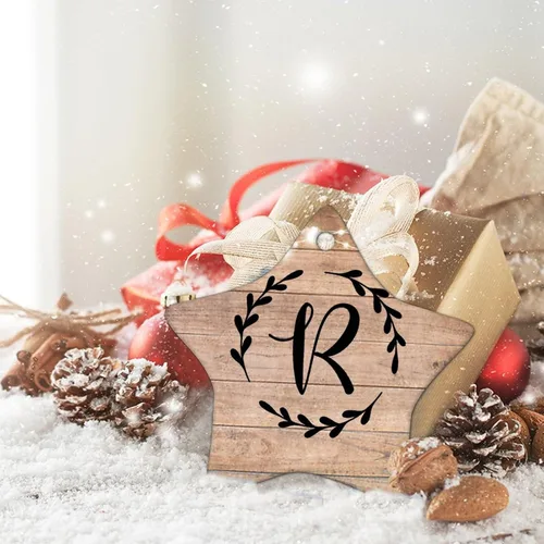 Vista 5 de Monograma inicial letra R adorno decorativo plano en forma de estrella adornos de Navidad de cerámica para decoración de árbol de Navidad, adorno