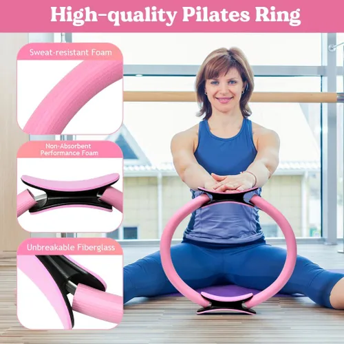 Vista 2 de Juego de anillos de pilates de 13 piezas, kit de pilates para mujer, accesorios de equipo de ejercicio, deformación, círculo mágico con asas Rosa