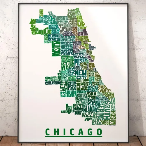 Vista 4 de Impresión del mapa del vecindario de Chicago, impresión firmada de mi arte original de mapa de tipografía de Chicago dibujado a mano