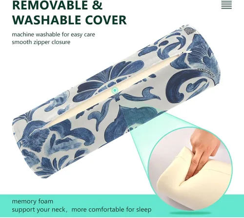 Vista 4 de Kigai Cervical Pillow for Neck Pain Relief Blue and White Pattern Neck Roll Memory Foam Pillow Round Cervical Bolster Pillow for Legs Bed Head Back