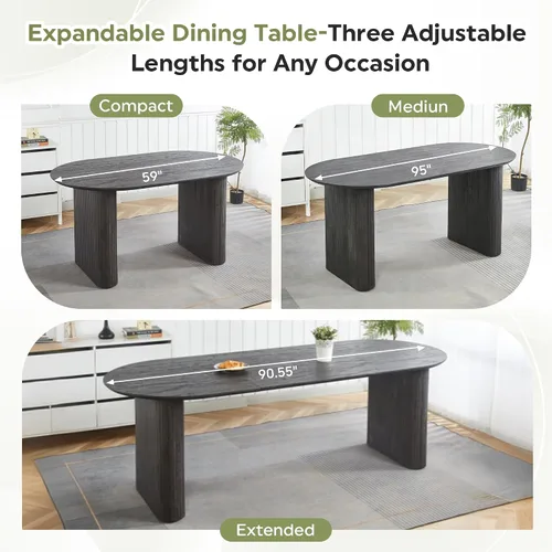 Vista 4 de Juego de mesa de comedor ovalada extensible con 4 sillas tapizadas de terciopelo de alta gama, mesa de cocina de 59 a 91 pulgadas y sillas