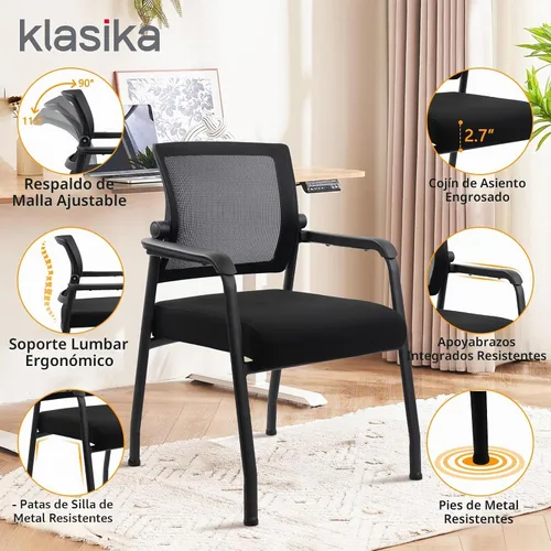 Vista 4 de KLASIKA Silla de escritorio sin ruedas con respaldo de malla ajustable, sillón con soporte lumbar ergonómico y cojín de asiento grueso, sillas