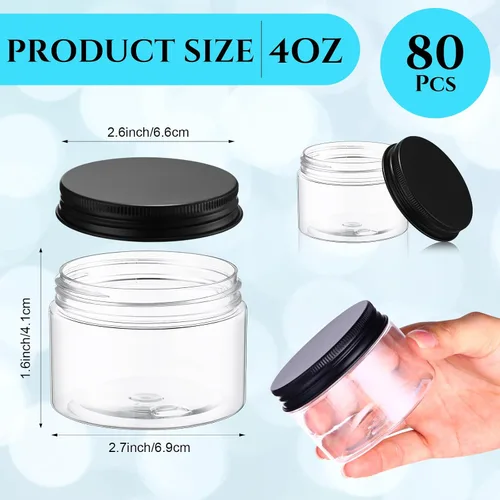 Vista 2 de Dandat 80 tarros de plástico transparente de 4 onzas con tapas de rosca, contenedores de almacenamiento recargables para uso en cocina y hogar Negro