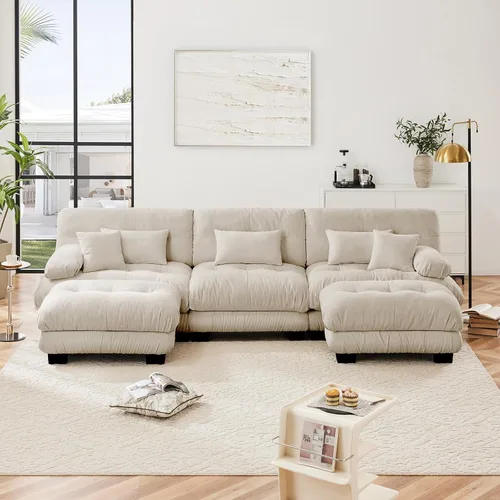 Vista 3 de Sofá de gran tamaño de 133.8 pulgadas, sofá seccional modular de 3 plazas, juego de sofá seccional esponjoso grande en forma de U color beige, sofás