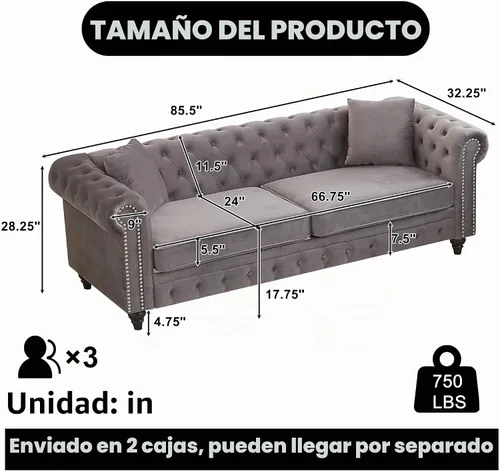 Vista 2 de Sofá Chesterfield de terciopelo grande de 85.5 pulgadas, sofá moderno de 3 plazas con brazos enrollados con diseño de botón y 2 cojines para sala