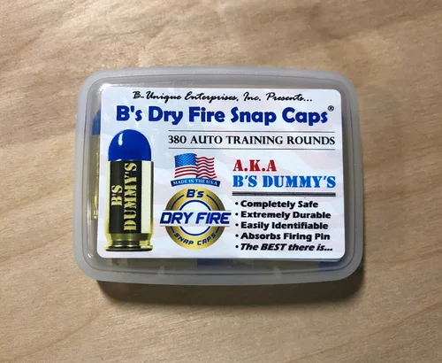Vista 2 de B's Dry Fire Snap Caps - A.K.A. B's Dummy's - Dummy 380 Tapas de entrenamiento automático (paquete de 7) (latón azul)
