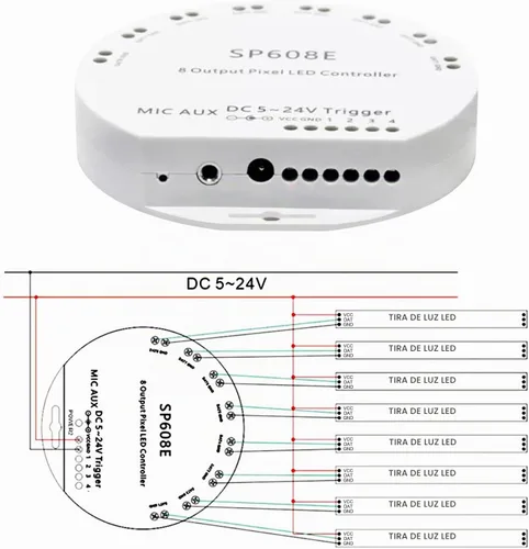 Vista 4 de Ruirui Controlador Bluetooth SP608E con 8 salidas de señal para módulo LED Pixel Strip String Light Andriod iOS APP/Remoto/Control de disparador