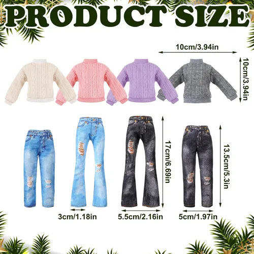 Vista 3 de Juego de 8 piezas de ropa de muñeca de 11.5 pulgadas, suéteres de algodón y pantalones de jean, accesorios para muñeca (suéter de cuello redondo)