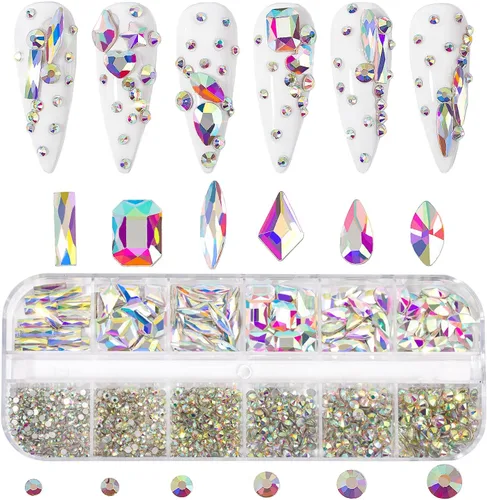 Vista 2 de Kit de diamantes de imitación para uñas, 1500 piezas de diamantes de imitación redondos con parte trasera plana, gemas de uñas AB multiformas, 0.3