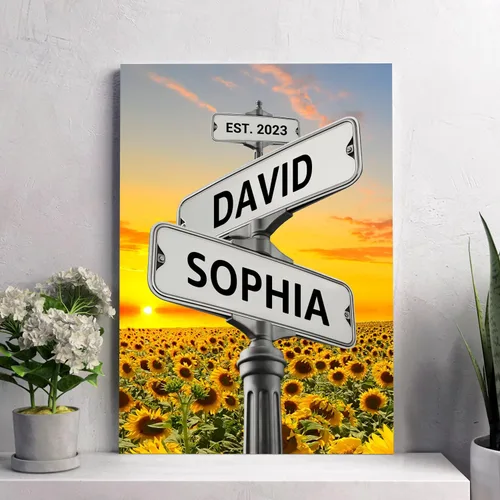 Vista 17 de Cartel de calle vintage de lienzo personalizado para parejas, cartel de cruce de caminos con nombre personalizado, el mejor regalo para parejas
