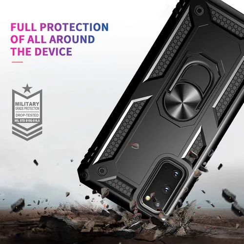 Vista 6 de Androgate Funda para Samsung Galaxy S20 FE con protectores de pantalla de cristal, soporte de anillo de metal de grado militar con soporte de Negro