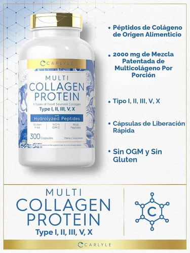 Vista 4 de Carlyle Cápsulas de proteína de colágeno múltiple de 2000 mg 300