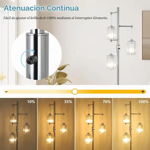Vista 2 de Lámpara de pie moderna de cristal para sala de estar, lámpara de pie regulable de 3 luces, lámpara de árbol industrial plateada con pantalla